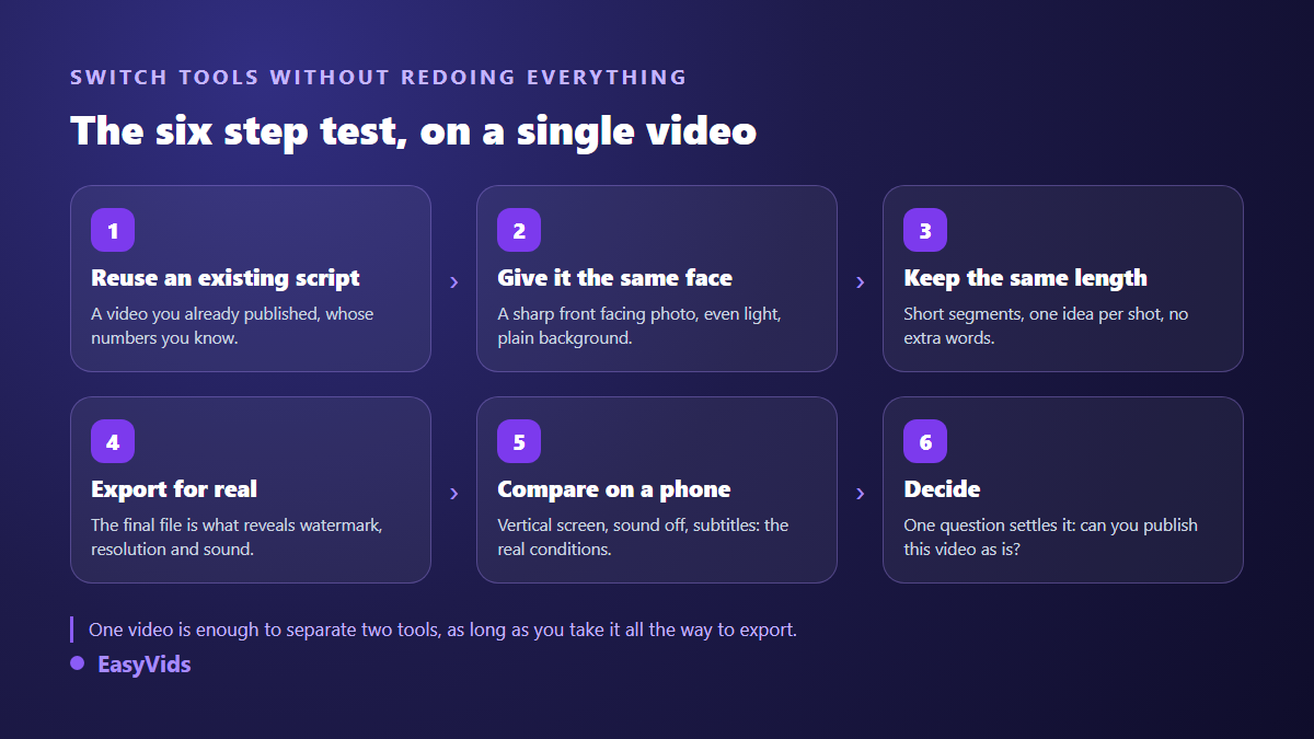 A six step method for testing a free HeyGen alternative on a single video, from script to export