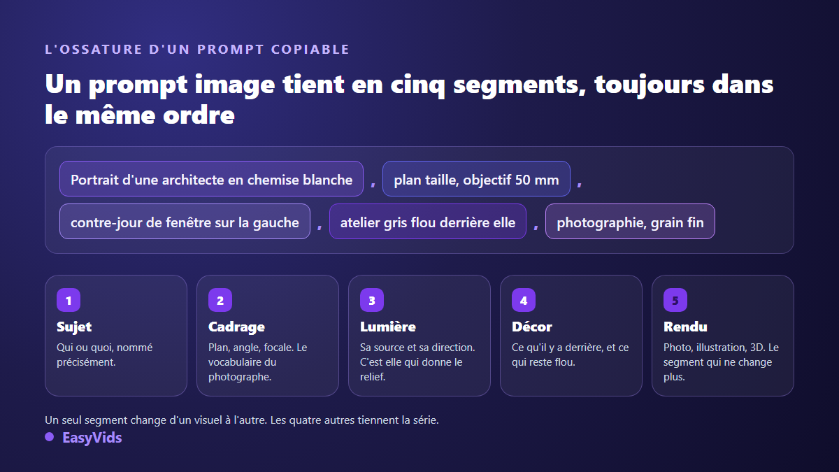 Ossature d'un prompt image IA découpée en cinq segments : sujet, cadrage, lumière, décor et rendu