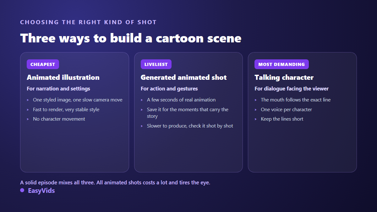 Three ways to build an AI cartoon scene: animated illustration, generated motion shot and talking character