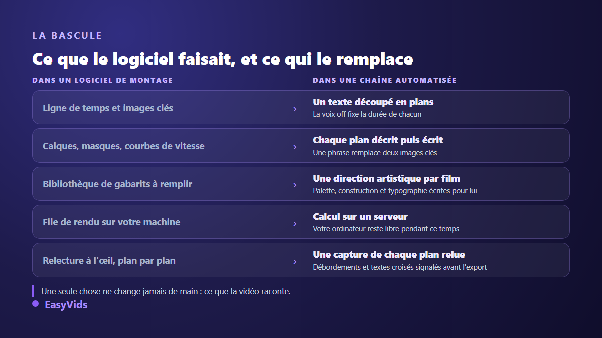Correspondance entre les fonctions d'un logiciel de montage et leur équivalent dans une chaîne de vidéo animée automatisée