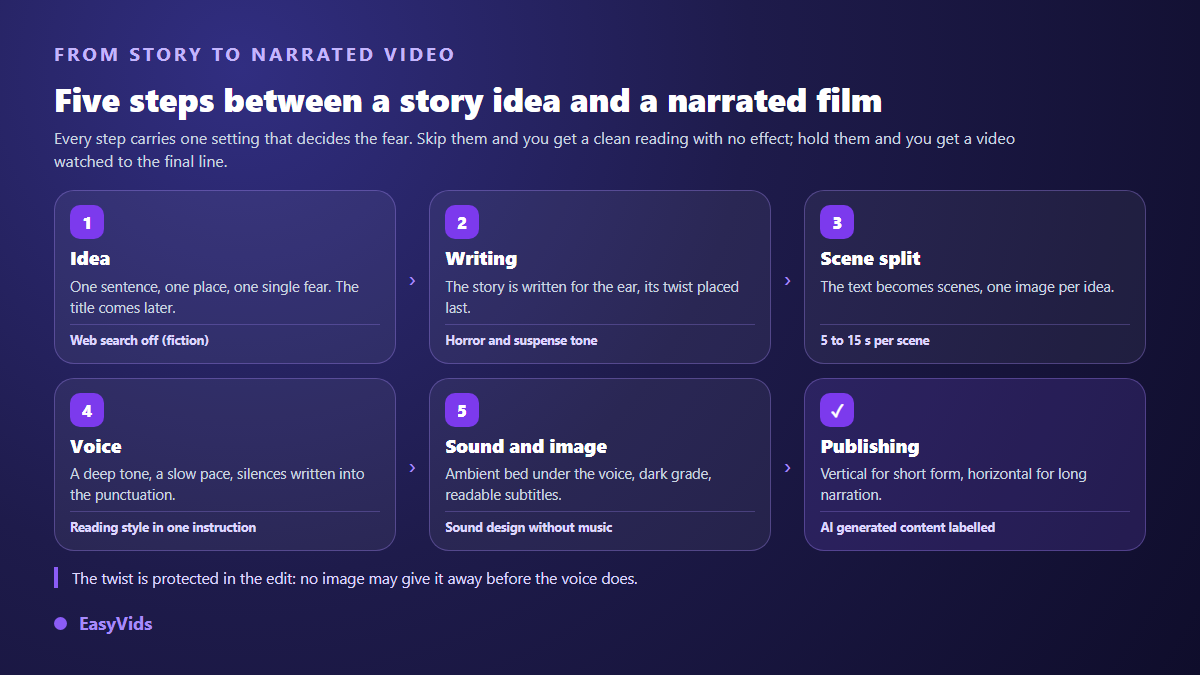 Production chain of a short scary story video, from idea to publishing
