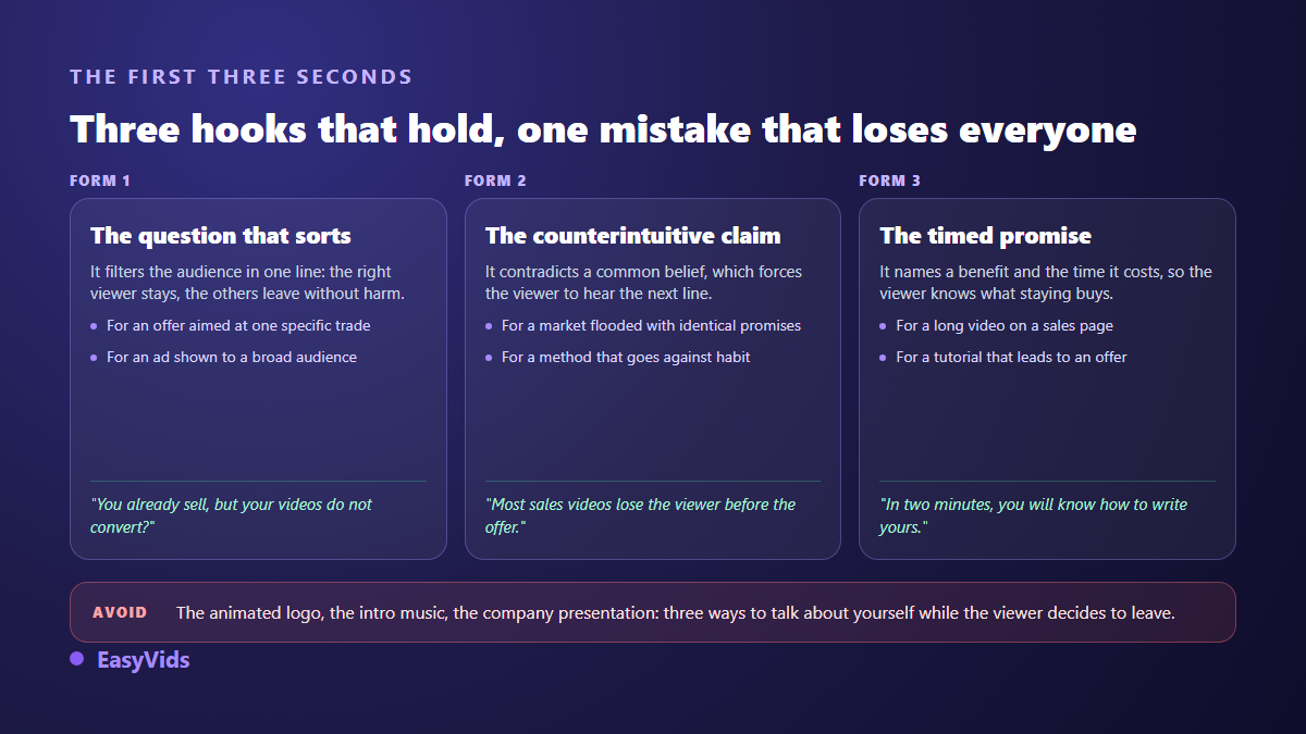 Three hook formats for a sales video: the qualifying question, the counter intuitive statement and the timed promise
