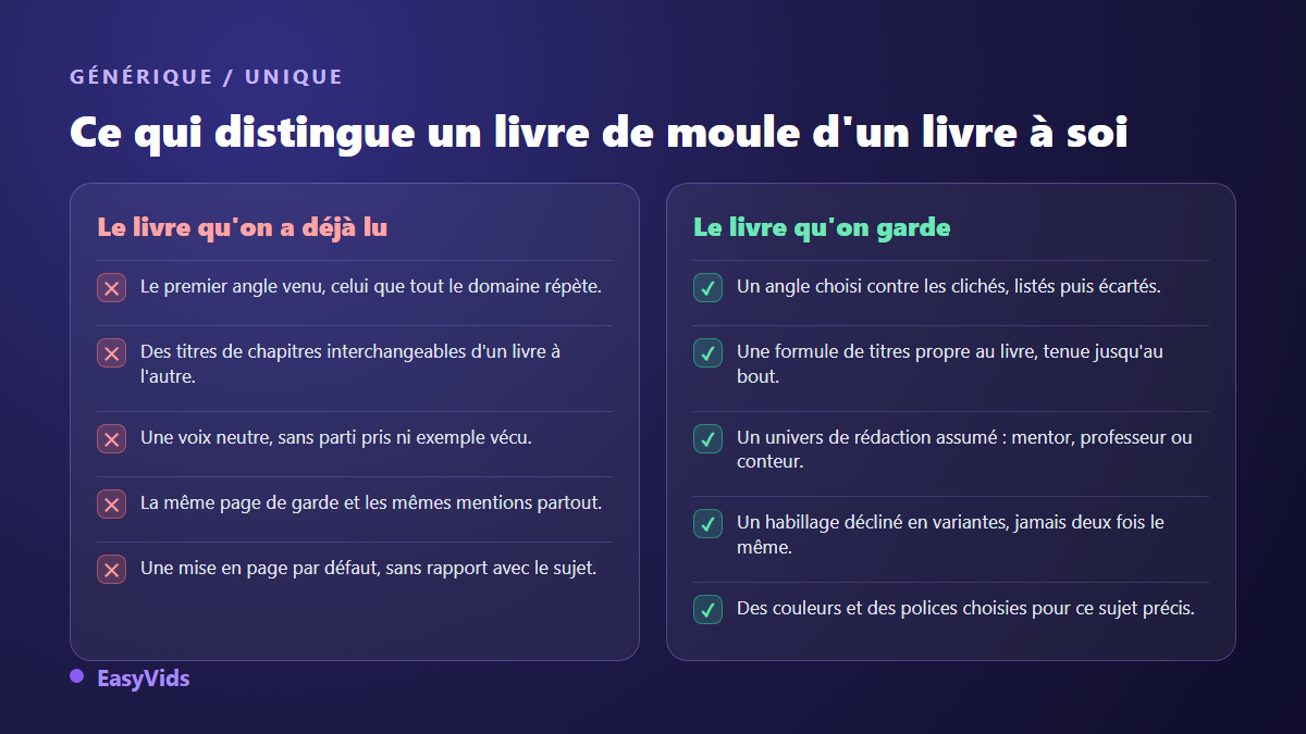 Comparaison entre un ebook générique et un ebook unique : angle, titres de chapitres, voix, habillage et mise en page