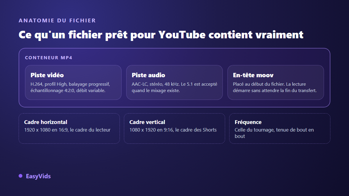 Anatomie d’un fichier vidéo prêt pour YouTube : conteneur MP4, piste vidéo H.264, piste audio AAC et en-tête moov placé en tête