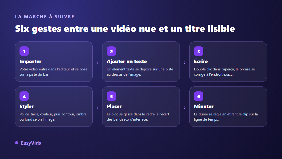 Les six étapes pour ajouter du texte sur une vidéo : importer, ajouter un texte, écrire, styler, placer dans le cadre, régler la durée