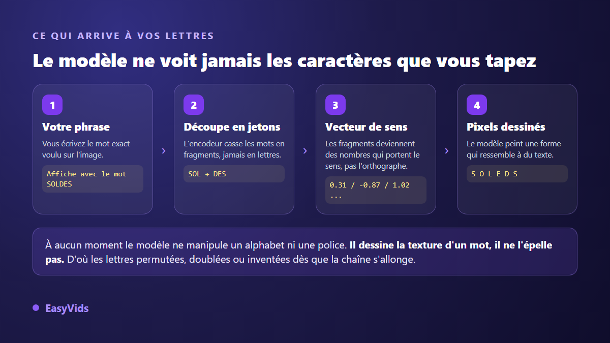 Schéma expliquant pourquoi le texte dans une image IA est illisible : de la phrase aux jetons, puis aux nombres, puis aux pixels