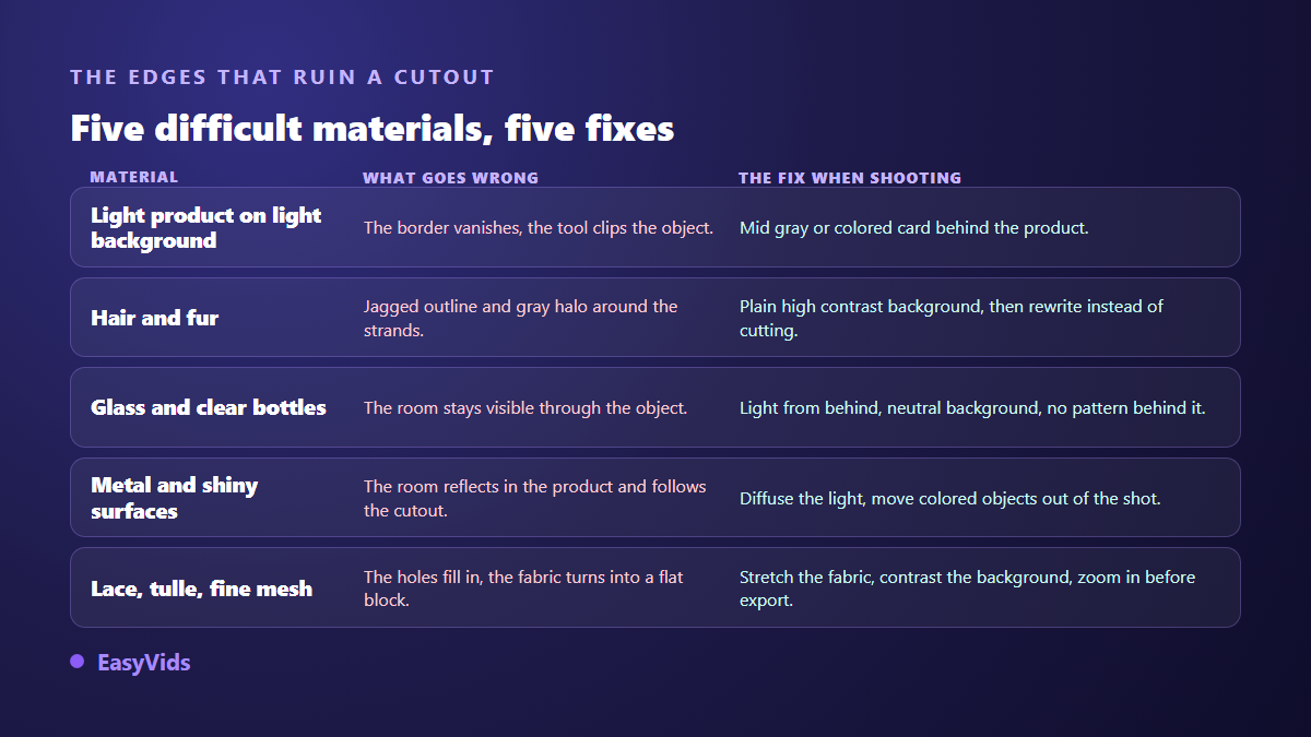 Five materials that make product photo cutouts fail: hair, clear glass, reflective metal, lace and pale products on a pale background