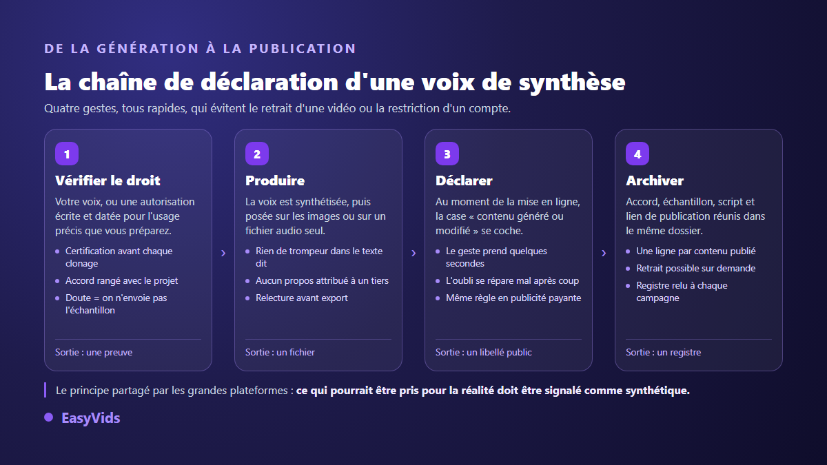 Chaîne de déclaration d'une voix de synthèse, de la vérification du droit à l'archivage des preuves