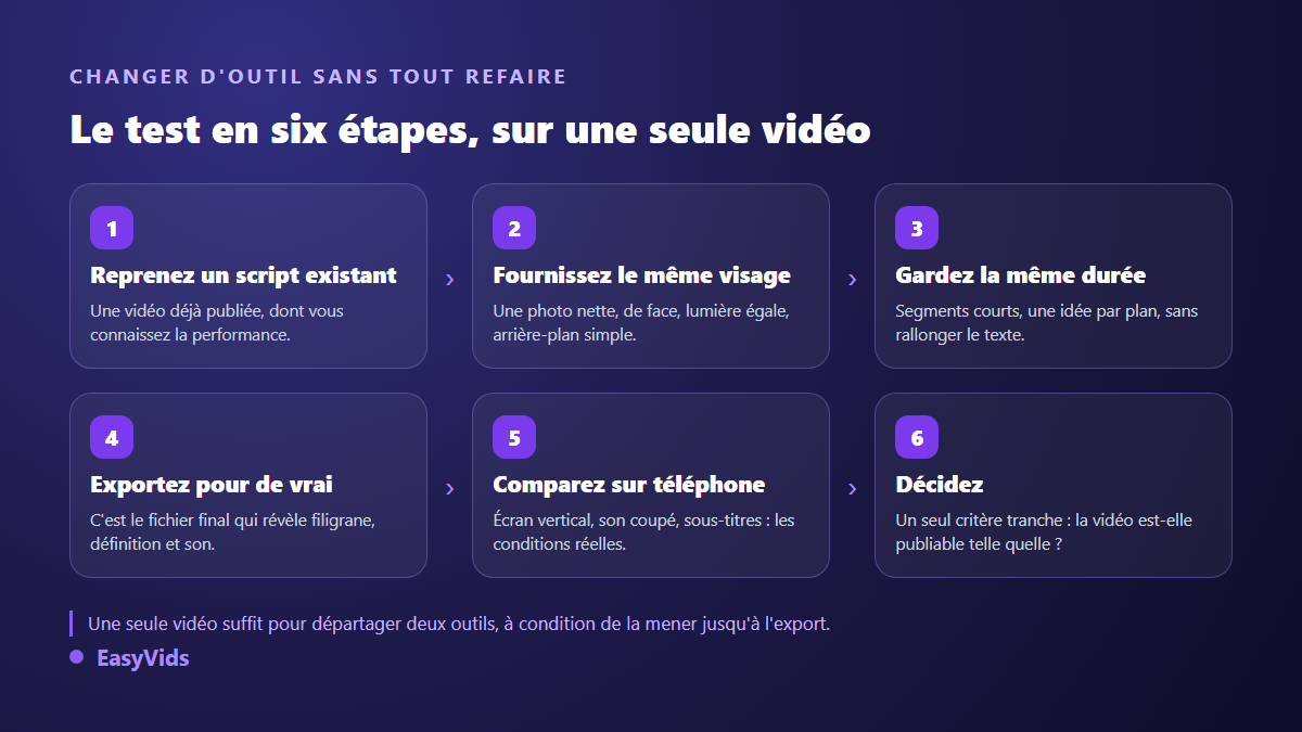 Méthode en six étapes pour tester une alternative gratuite à HeyGen sur une seule vidéo, du script à l'export