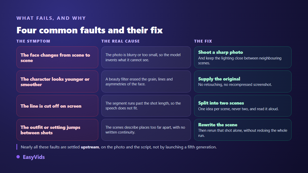 Diagnostic table of common AI avatar failures with their cause and their fix