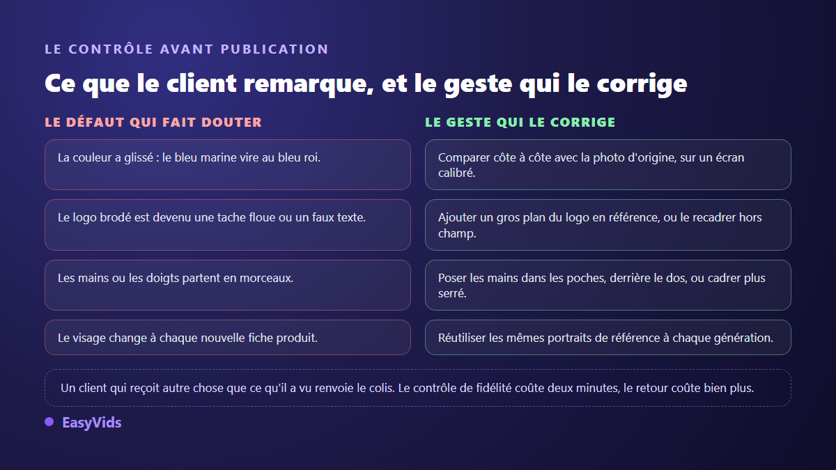Défauts fréquents d'une photo de vêtement portée par un mannequin virtuel IA et geste correctif associé