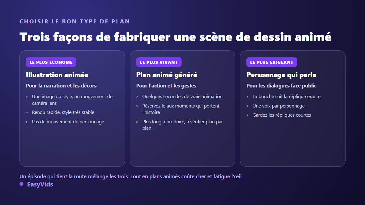 Trois façons de fabriquer une scène de dessin animé IA : illustration animée, plan animé généré et personnage qui parle