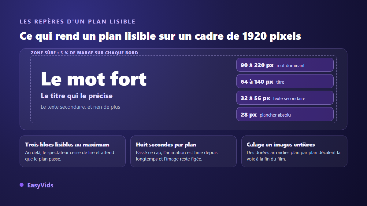 Repères de lisibilité d'un plan de motion design : tailles de texte en pixels, zone sûre, nombre de blocs et durée maximale