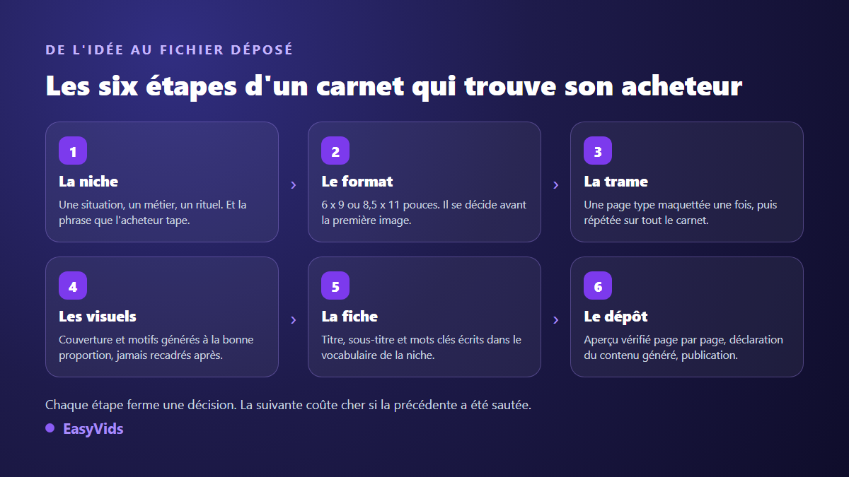 Les six étapes de fabrication d'un low content book, de la niche au dépôt du fichier sur KDP
