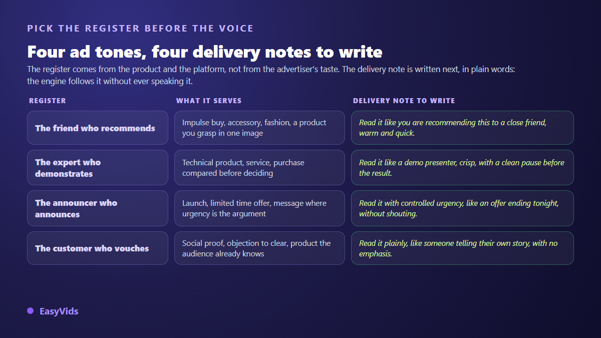 Four ad voice over registers with their commercial use and the delivery instruction to write for each