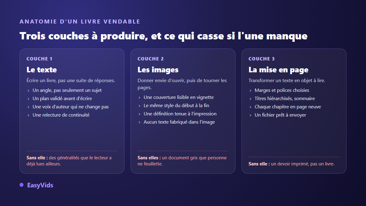 Les trois couches d'un ebook vendable : le texte, les illustrations et la mise en page, avec ce qui casse quand l'une manque