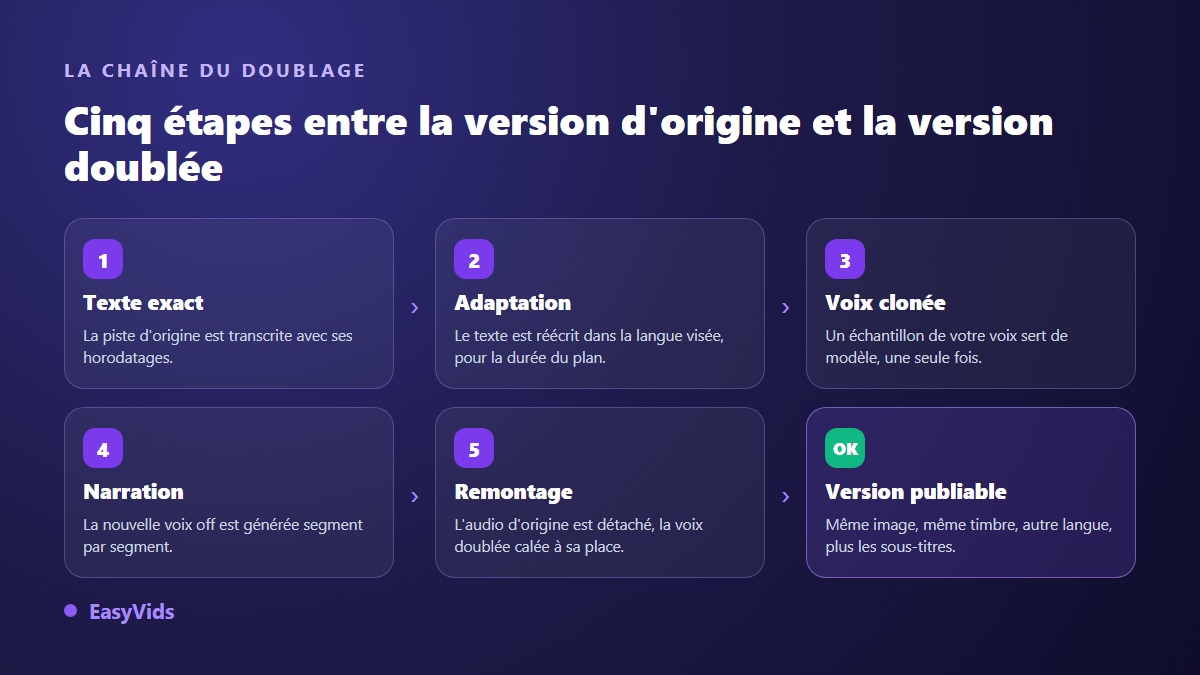 Les cinq étapes d'un doublage IA : transcription horodatée, adaptation, clonage de voix, narration et remontage