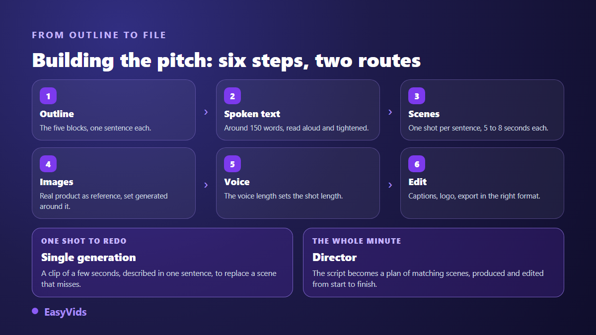 Production chain of a pitch video: structure, spoken text, scene breakdown, images, voice over and edit, with the choice between a single clip and the Director mode