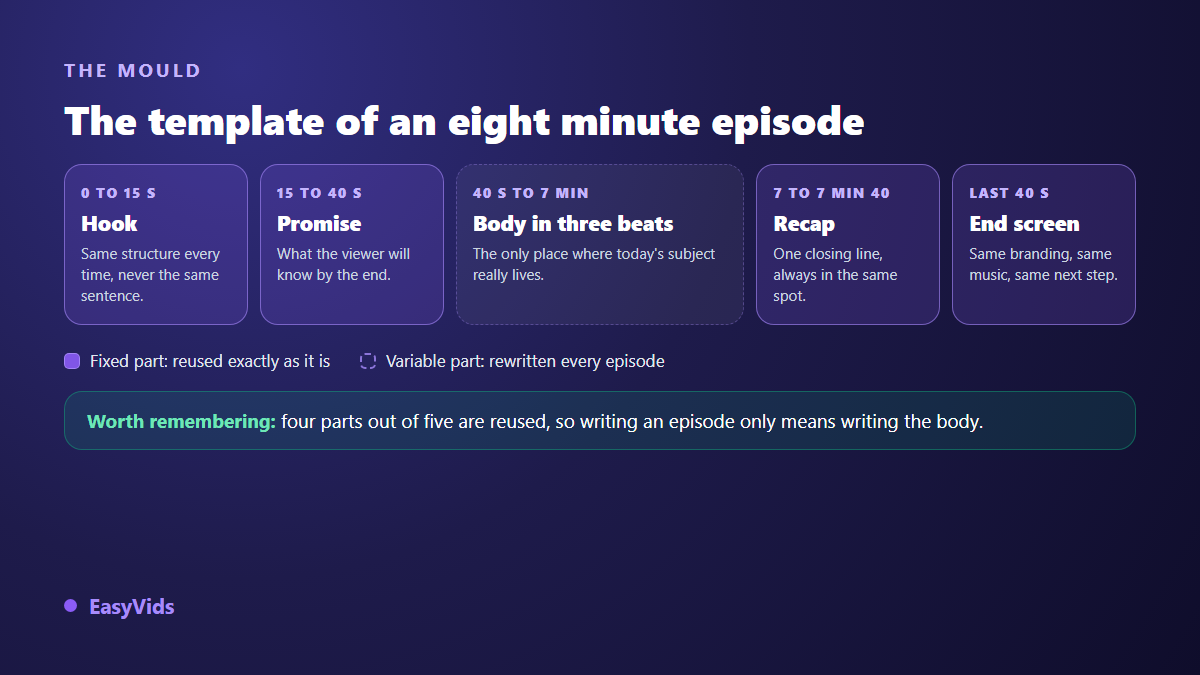 Episode template for an automated YouTube channel: hook, promise, three part body, recap and end screen