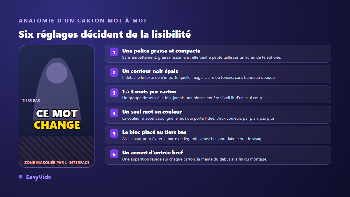 Anatomie d'un carton de sous-titre mot à mot : police grasse, contour noir, mot clé en couleur et placement au tiers bas
