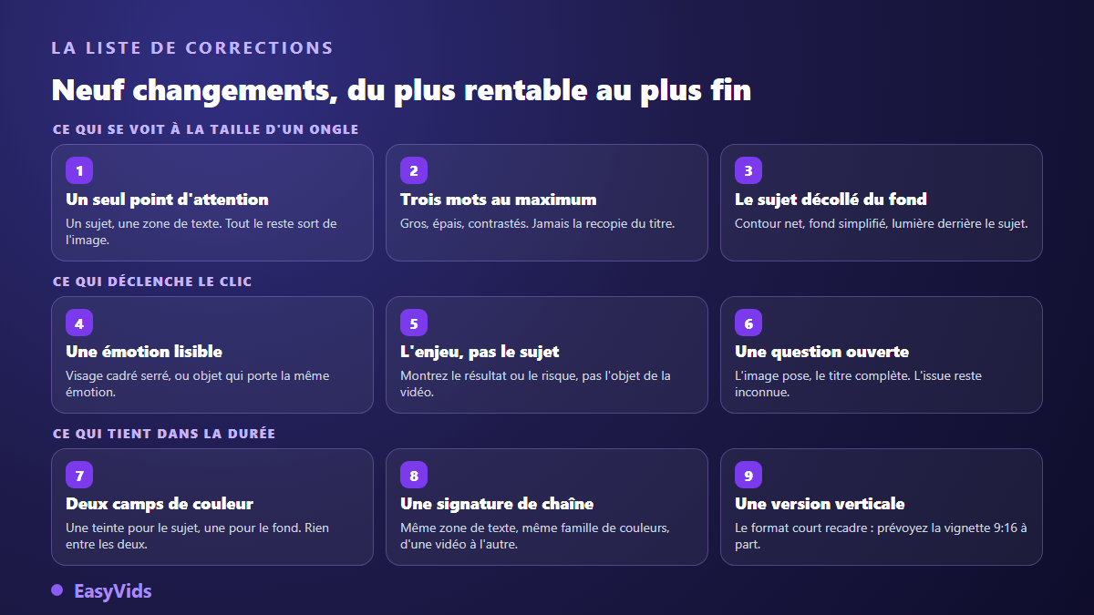 Les neuf changements de miniature YouTube pour améliorer le taux de clic, classés en trois groupes
