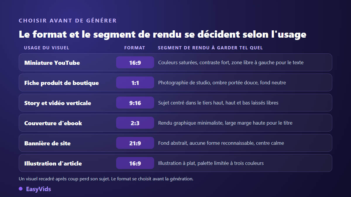 Grille de décision pour un prompt image IA : format et segment de rendu selon l'usage du visuel