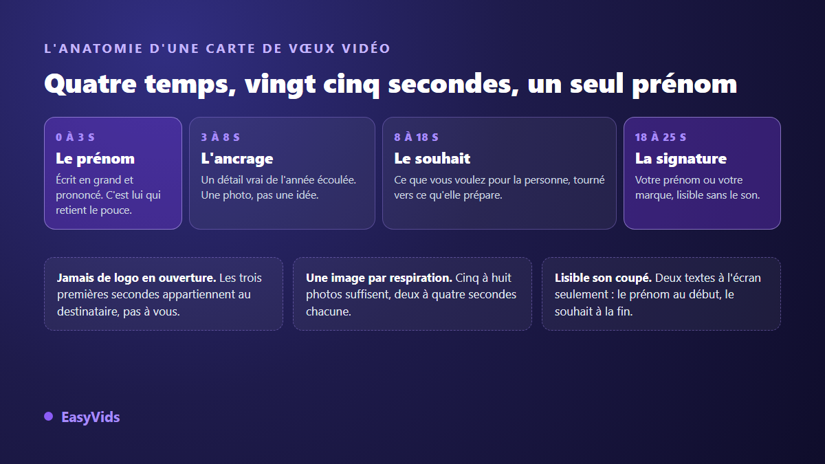 Anatomie d'une carte de vœux vidéo en quatre temps : le prénom, l'ancrage, le souhait et la signature