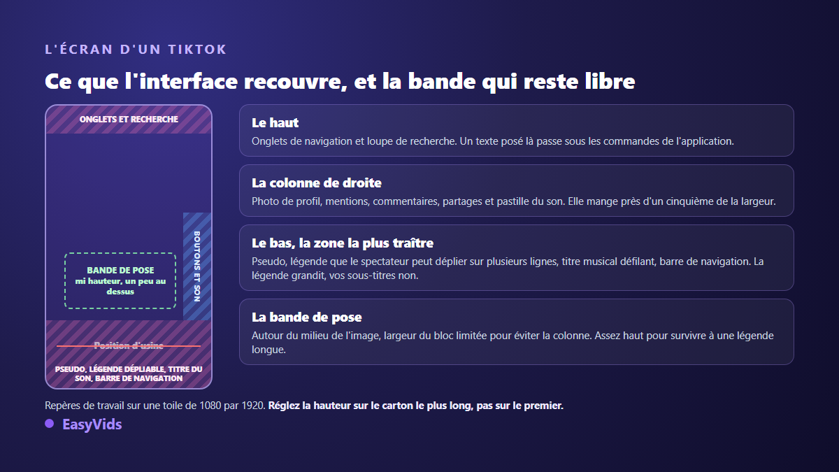 Zones de l'écran TikTok occupées par l'interface et bande libre où placer des sous-titres lisibles en format vertical