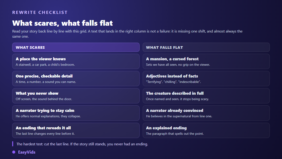 Grid comparing what makes a short scary story land and what makes it fall flat