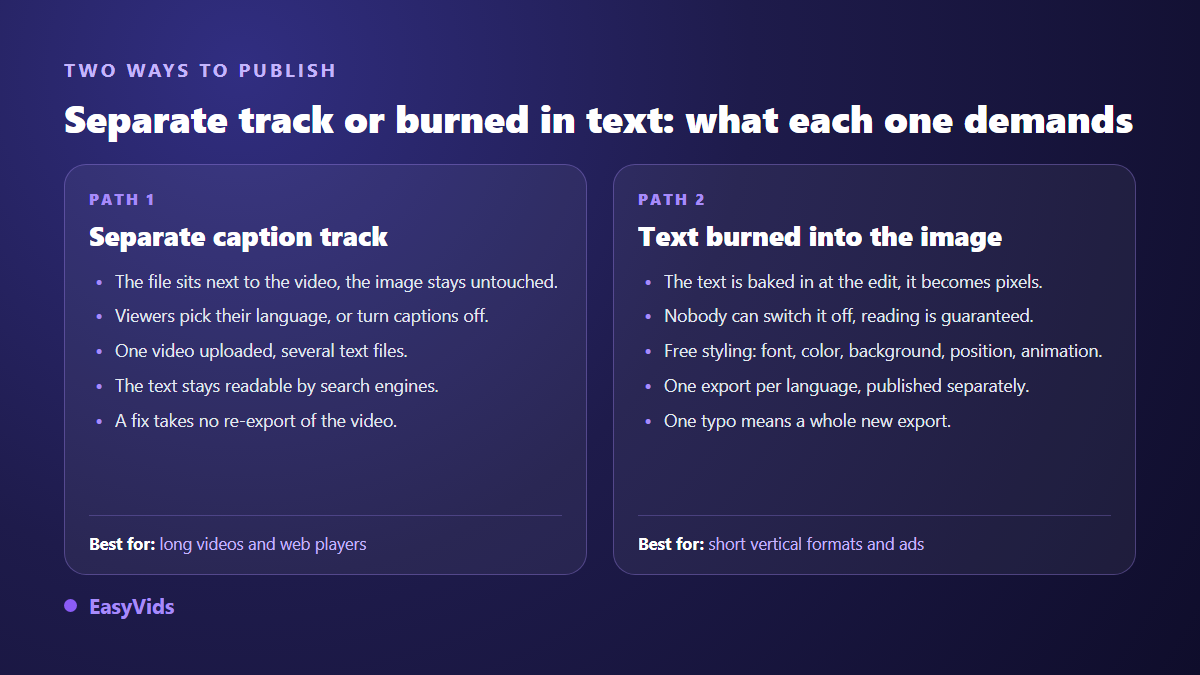 A separate translated subtitle track compared with subtitles burned into the picture