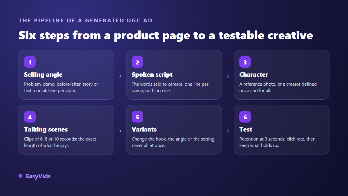 The six steps of an AI generated UGC ad: selling angle, spoken script, character, short scenes, variants and testing