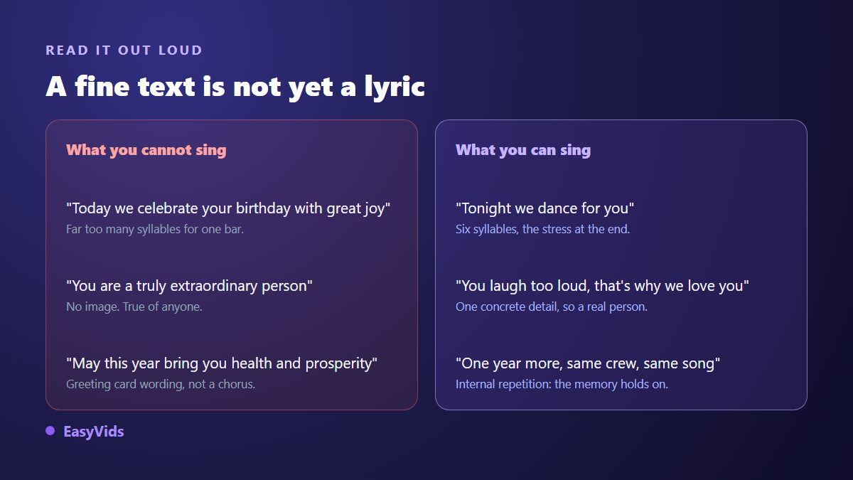 Comparison between overlong song lyrics and short lines that are genuinely singable