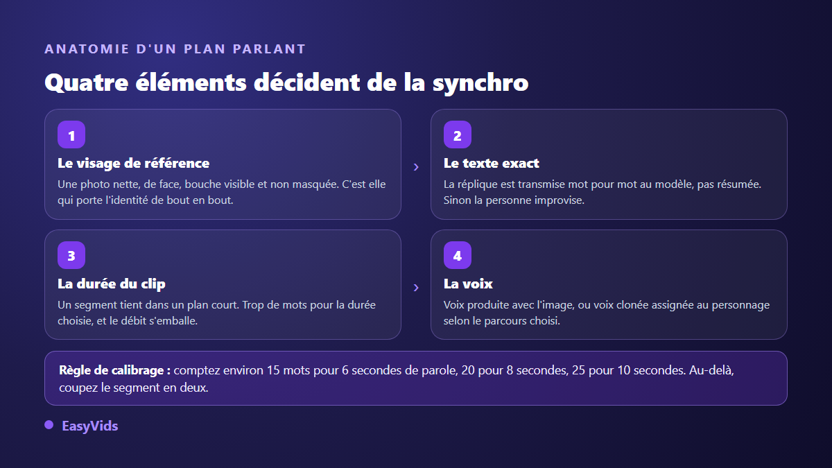 Anatomie d'un plan parlant généré par IA : visage de référence, texte exact, durée du clip et voix synchronisée