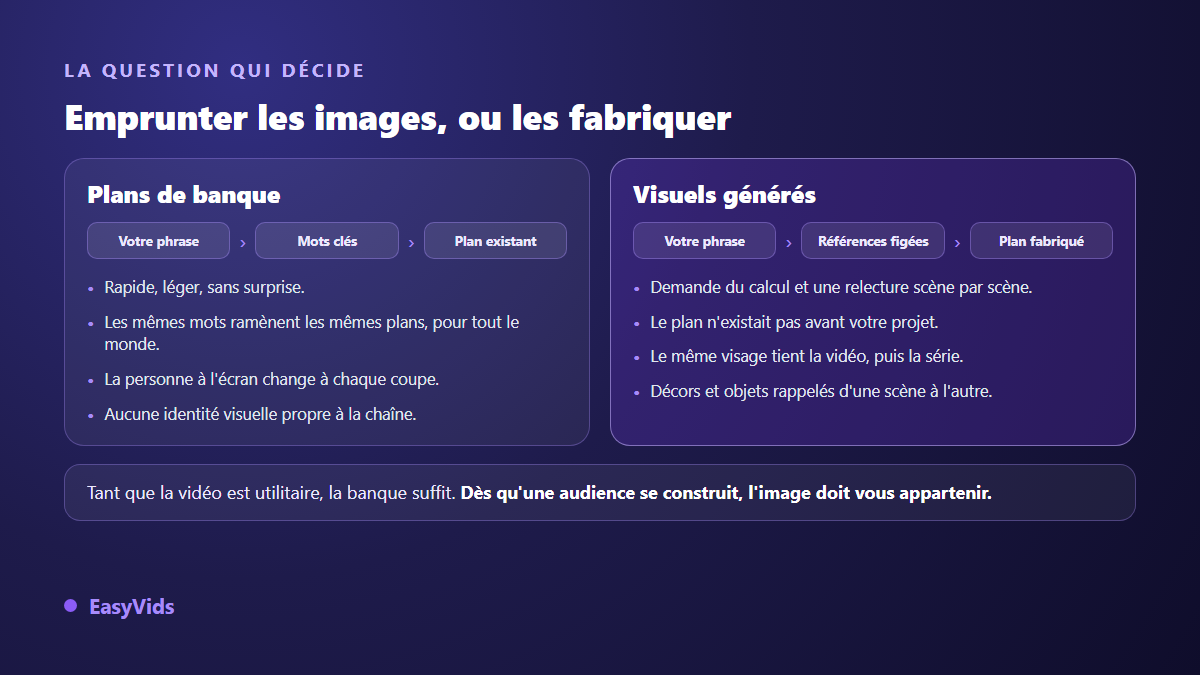 Différence entre une vidéo illustrée par des plans de banque et une vidéo aux visuels générés pour chaque scène