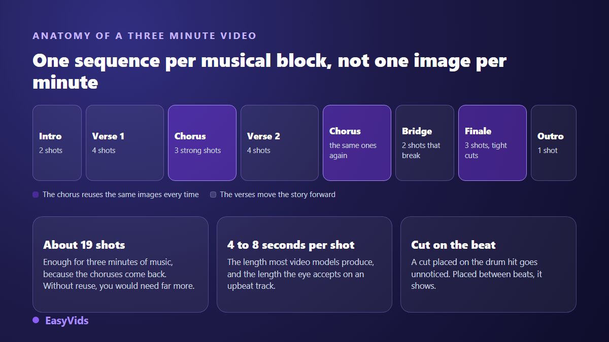 Breaking a three minute music video into blocks: intro, verses, repeated choruses, bridge and finale, with the shot count per block