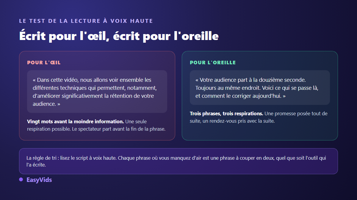 Comparaison entre un script écrit pour l'œil et un script écrit pour l'oreille, avec la règle de la lecture à voix haute