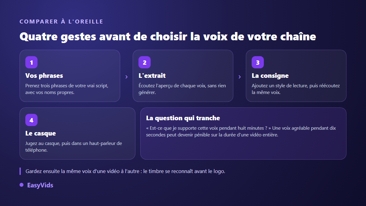 Méthode en quatre étapes pour comparer des voix off IA à l'oreille avant de générer une narration YouTube