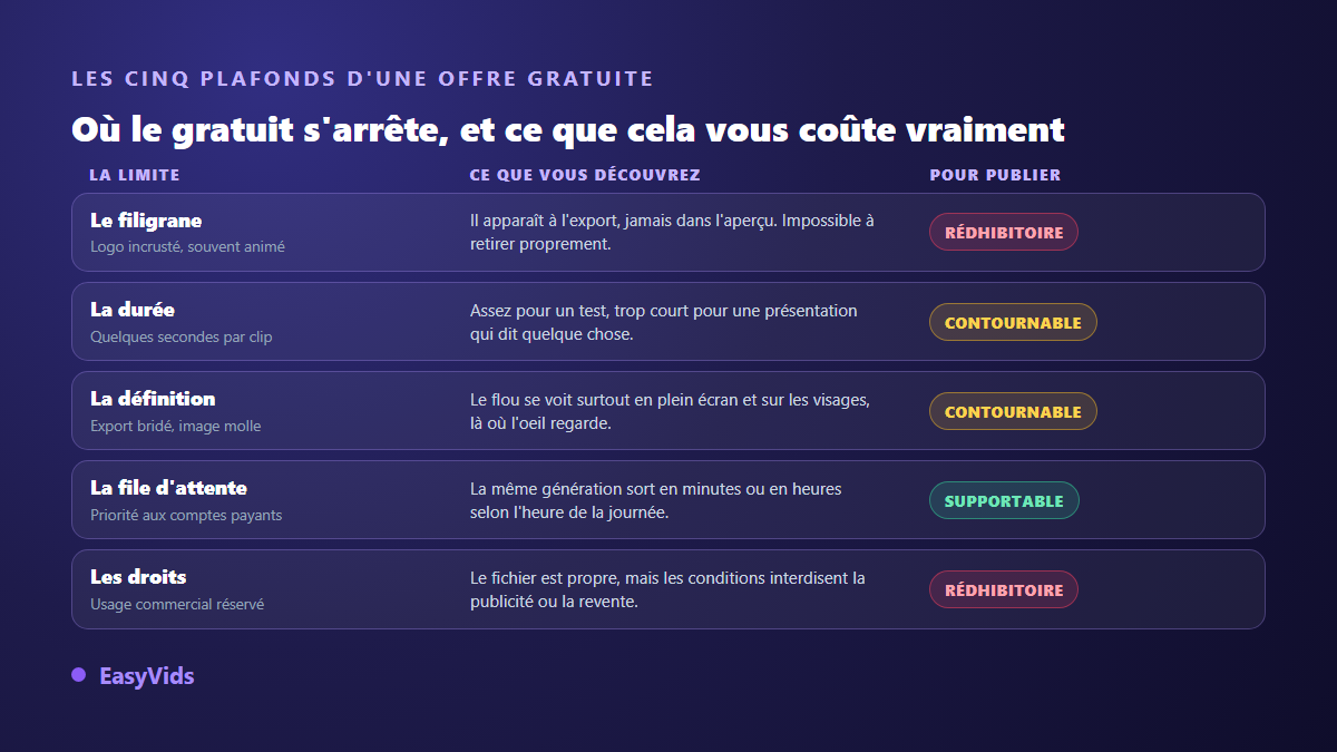 Les cinq limites d'un avatar IA gratuit : filigrane, durée, définition, file d'attente et droits commerciaux