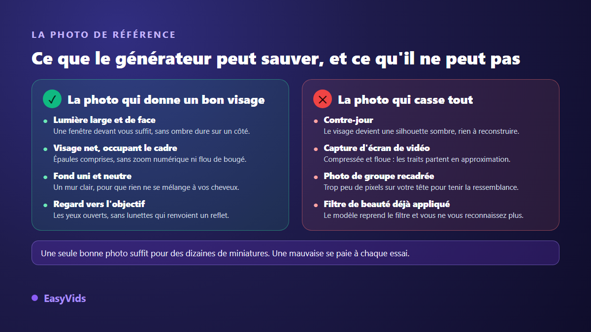 Photo de référence pour une miniature avec visage : quatre critères qui marchent et quatre défauts qui cassent la ressemblance