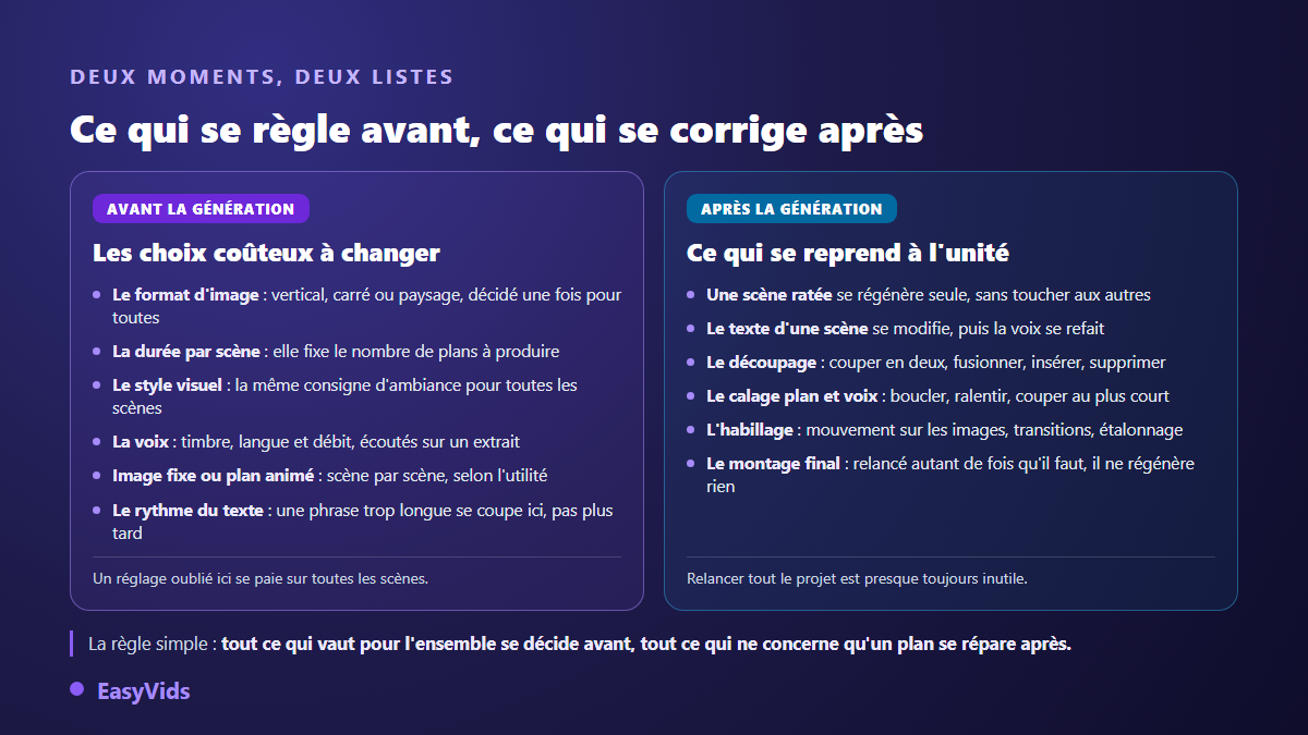 Réglages à décider avant la génération et corrections possibles après coup sur une vidéo issue d'un script
