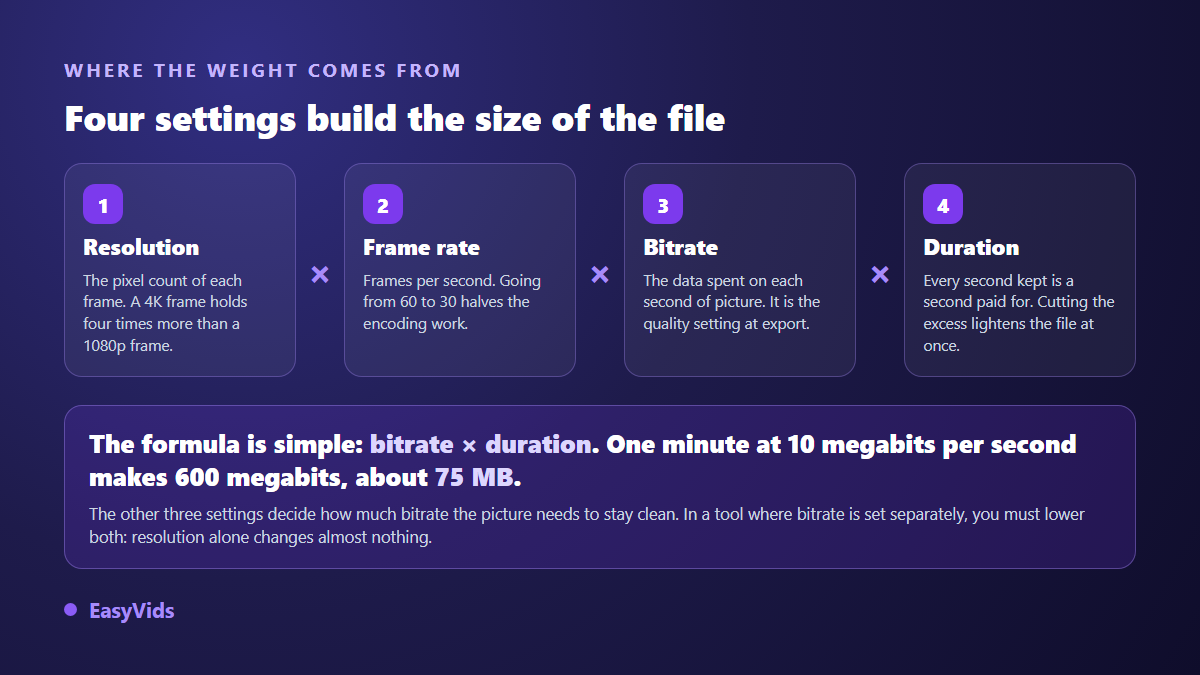 The four settings that decide the size of a video file: resolution, frame rate, bitrate and duration