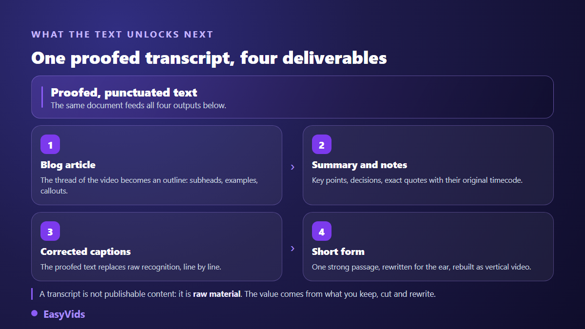 Four deliverables from a cleaned video transcript: blog article, summary, corrected captions and a short vertical video