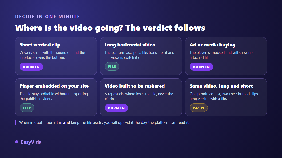 Decision grid for choosing between burned-in subtitles and an SRT file depending on where the video will be published