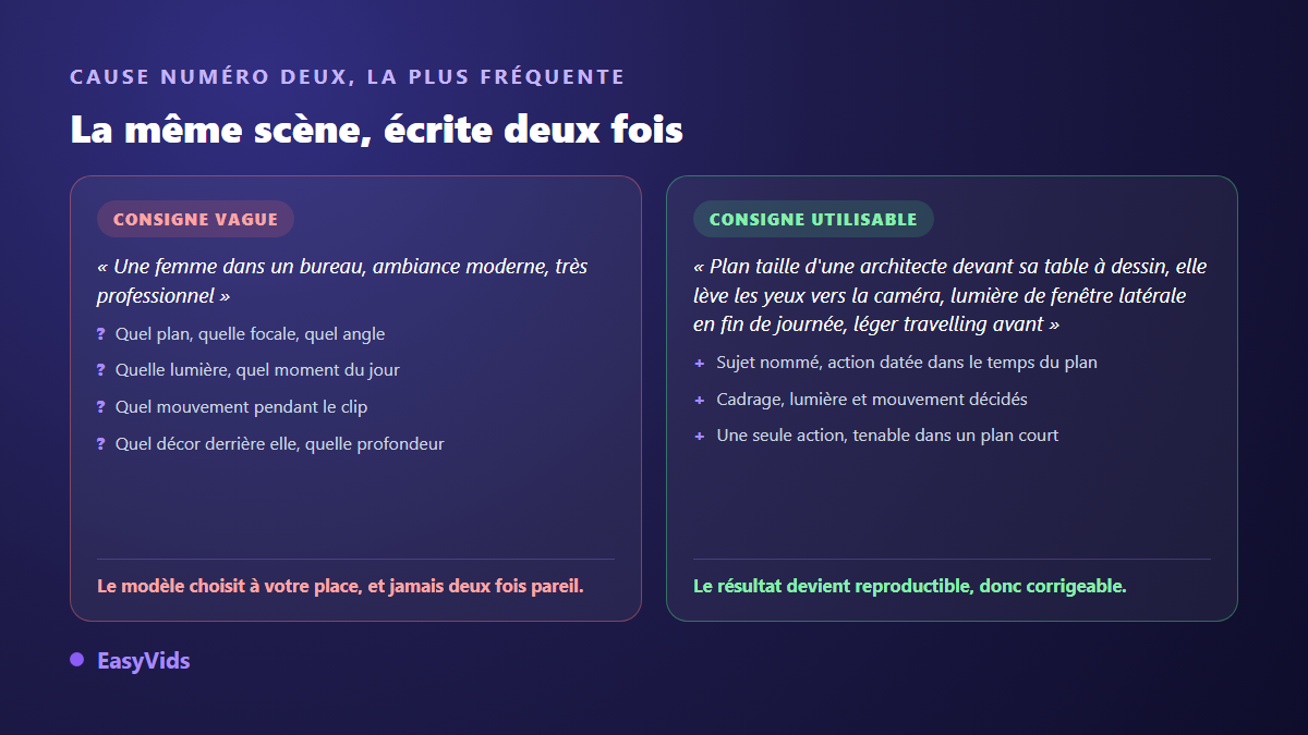 Comparaison entre un prompt de scène vague et une consigne précise pour une vidéo IA réussie