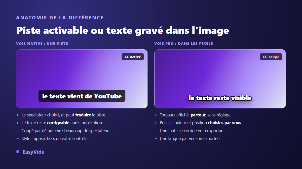 Différence entre une piste de sous-titres YouTube activable et des sous-titres incrustés dans l'image de la vidéo