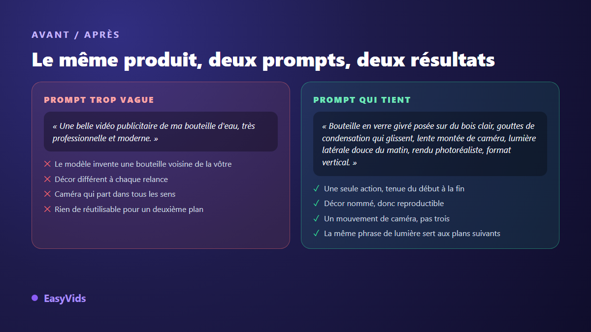 Comparaison entre un prompt vidéo produit trop vague et un prompt précis, avec les conséquences de chacun