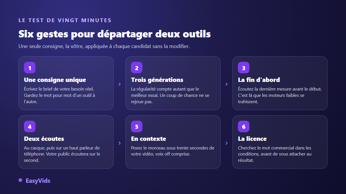 Méthode d'écoute en six gestes pour comparer deux générateurs de musique IA avec le même brief