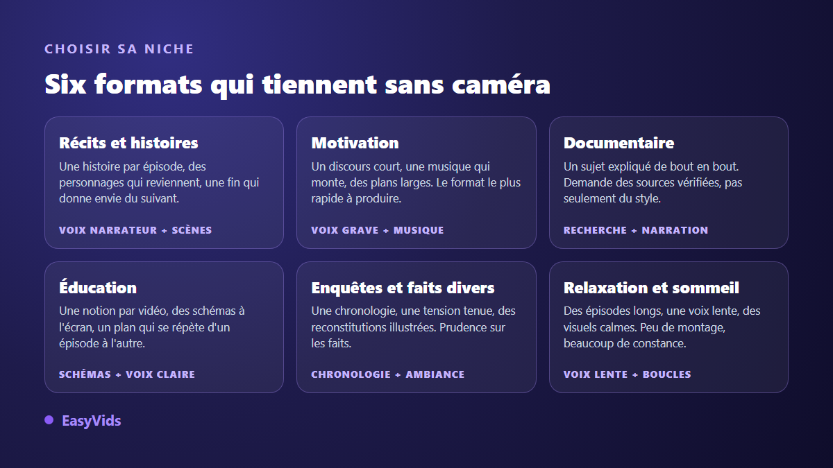 Six formats de chaîne YouTube sans visage : récits, motivation, documentaire, éducation, enquêtes et relaxation
