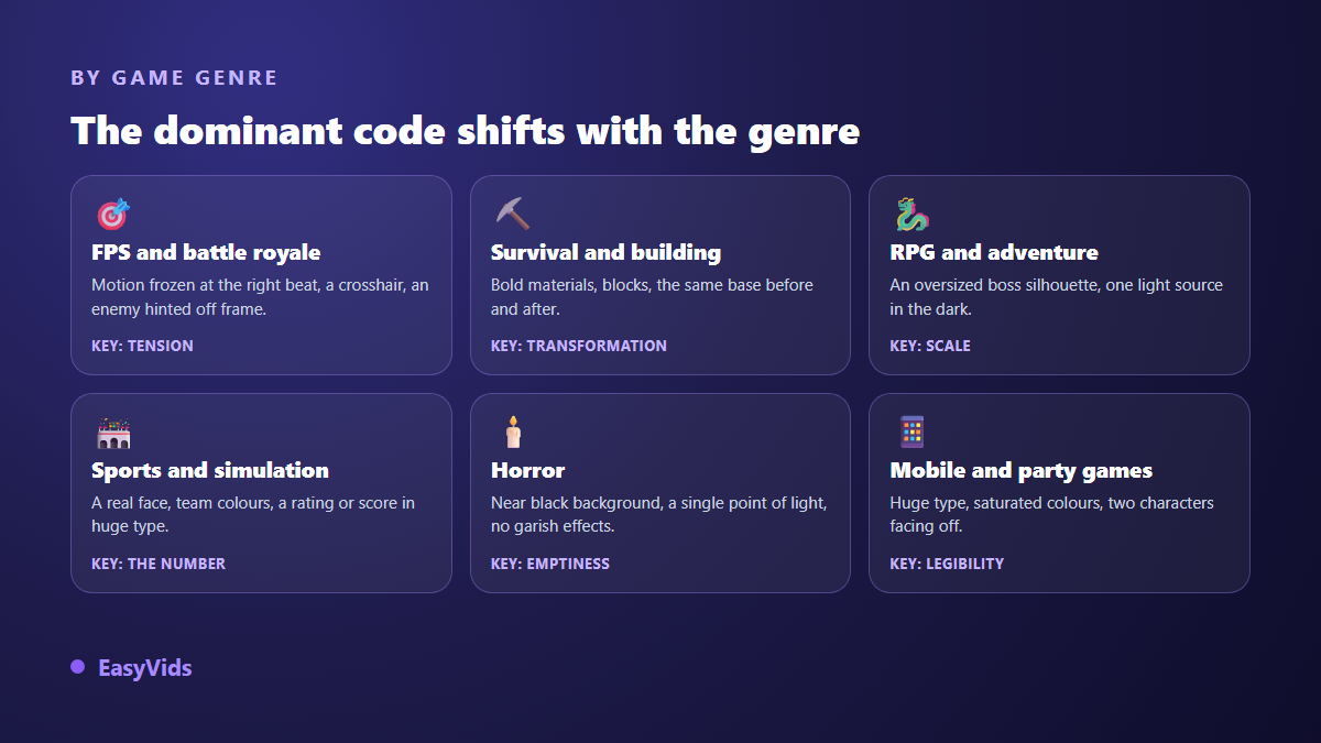 Grid of thumbnail codes by game genre: shooters, survival, RPG, sports, horror and mobile