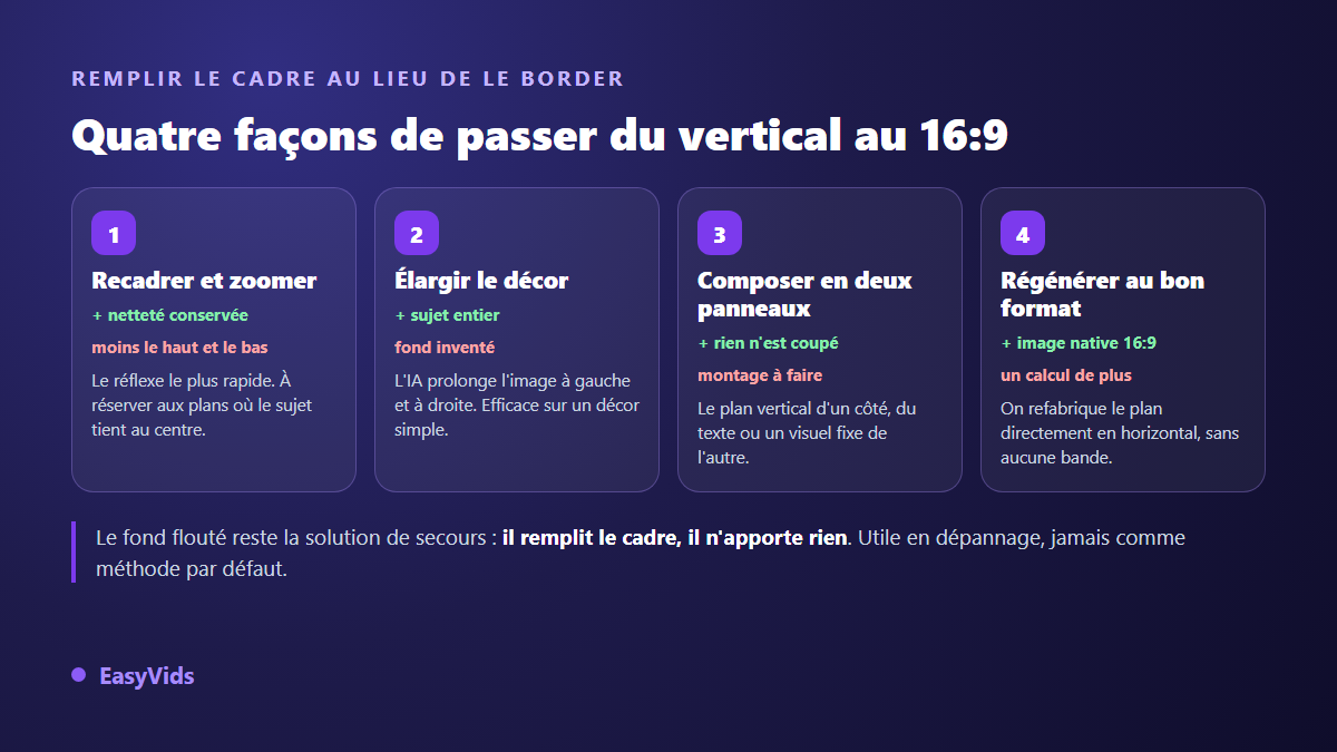 Quatre méthodes pour convertir une vidéo verticale au ratio 16:9 : recadrage, élargissement du décor, composition à deux panneaux, régénération